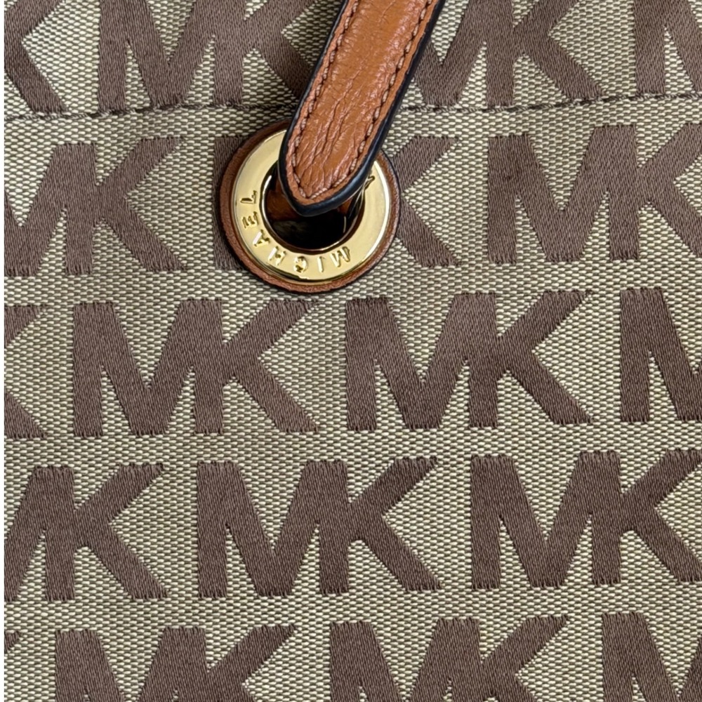 Michael Kors Tote Bag Womens Large Beige Brown MK Monogram Jacquard Canvas Work - Picture 6 of 8